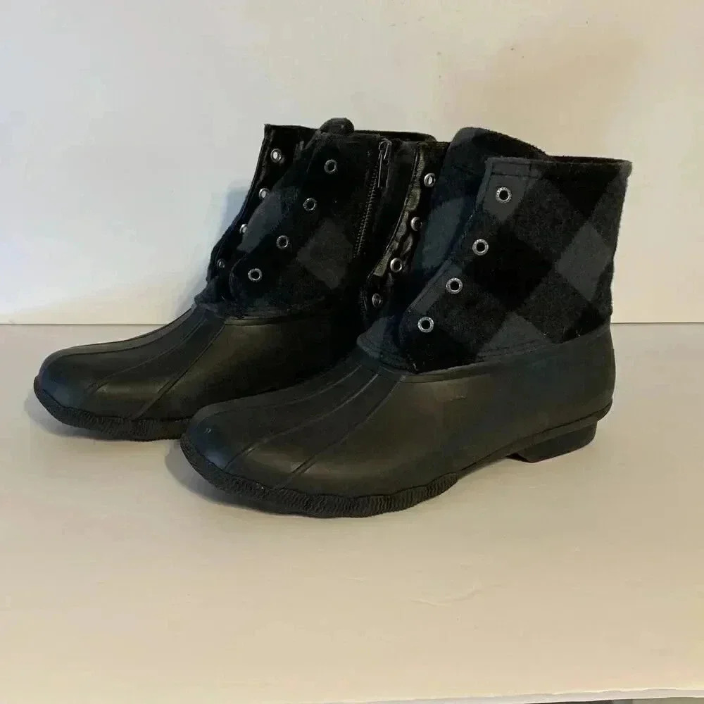 Sperry Saltwater Buffalo Check Duck‎ Boot Black Gray Size 11 Rain Galosh Snow